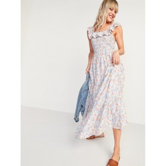 NWT Old Navy Ruffled Smocked Bodice Floral Maxi Dress Womens M Tall Tiered Boho - Picture 1 of 11